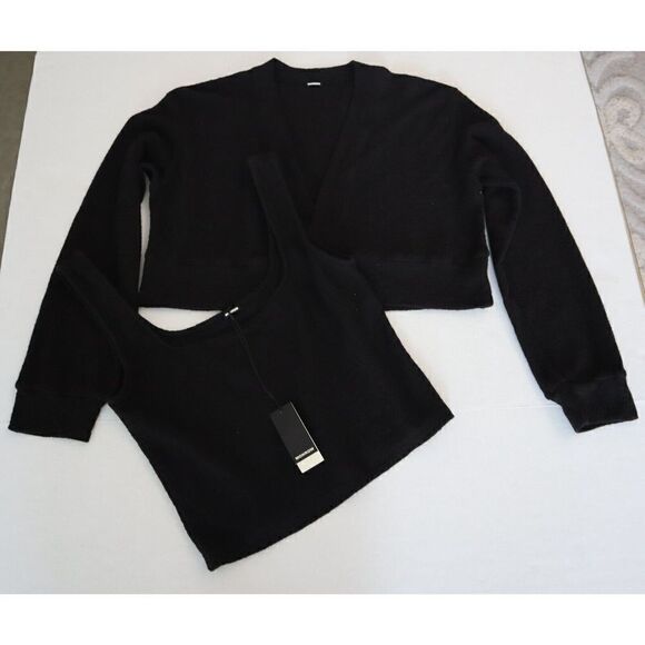 Monrow Women Sz S Black French Terry Tank Top & L/S Cropped Shirt 2-Pc Set - Picture 1 of 11